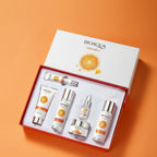 BIOAQUA Vitamin C skincare product set on an orange background