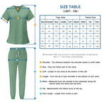 Green medical scrubs set with size chart on a white background