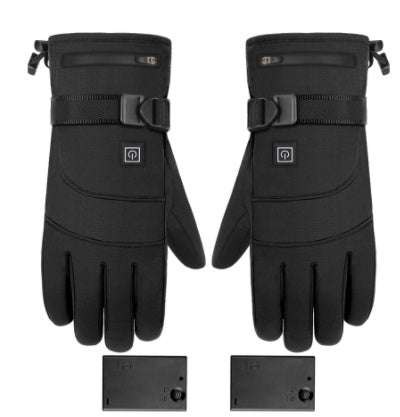 Pair of black heated gloves with battery packs on a white background