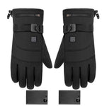 Pair of black heated gloves with battery packs on a white background
