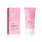 Measurement chart of Japan Sakura sunscreen packaging and tube on a white background