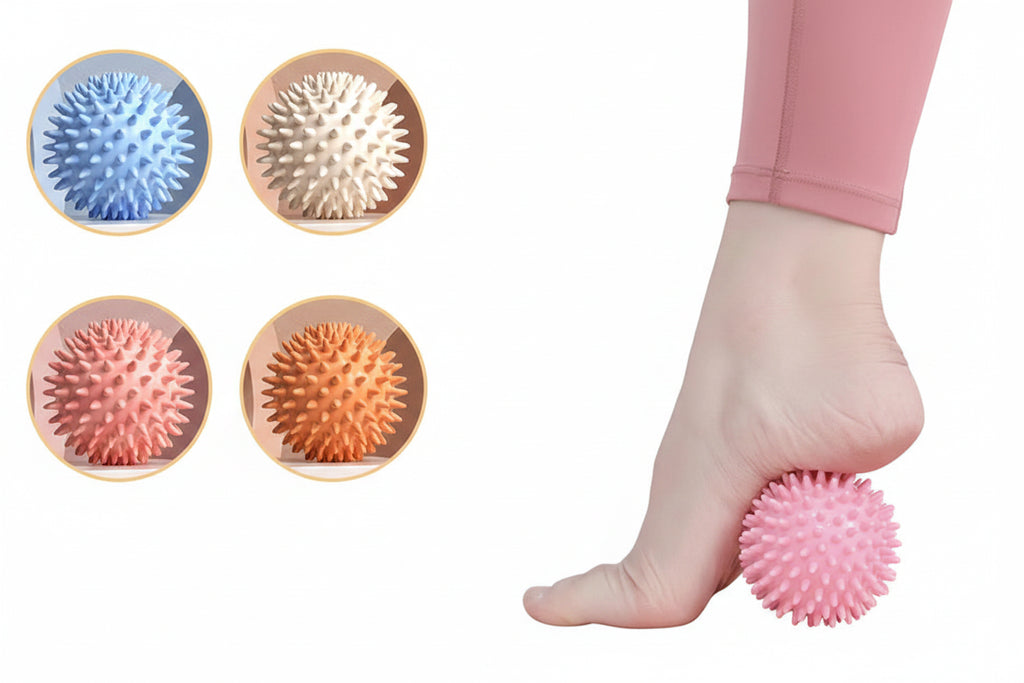 Person using a pink spiked ball on their foot with inset images of other colored spiked balls.