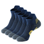 Set of five pairs of blue socks with gray toes and yellow accents on a white background