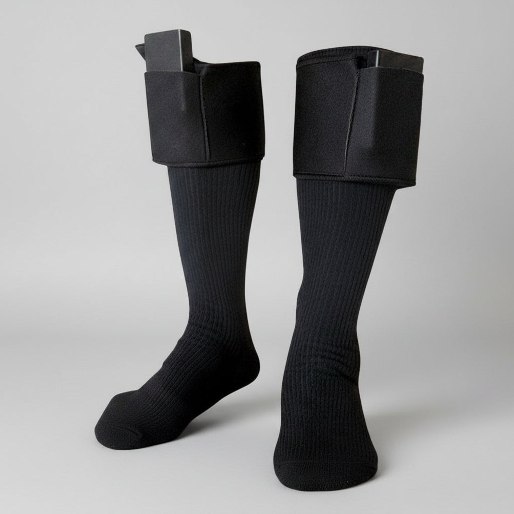 Black electric heating socks with flame effects and product details on a fiery background