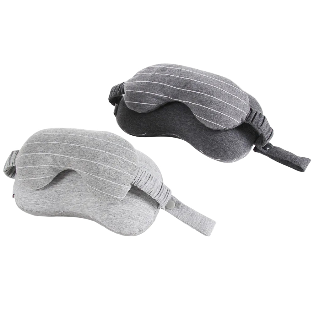 Two gray sleep masks with striped pattern on a white background