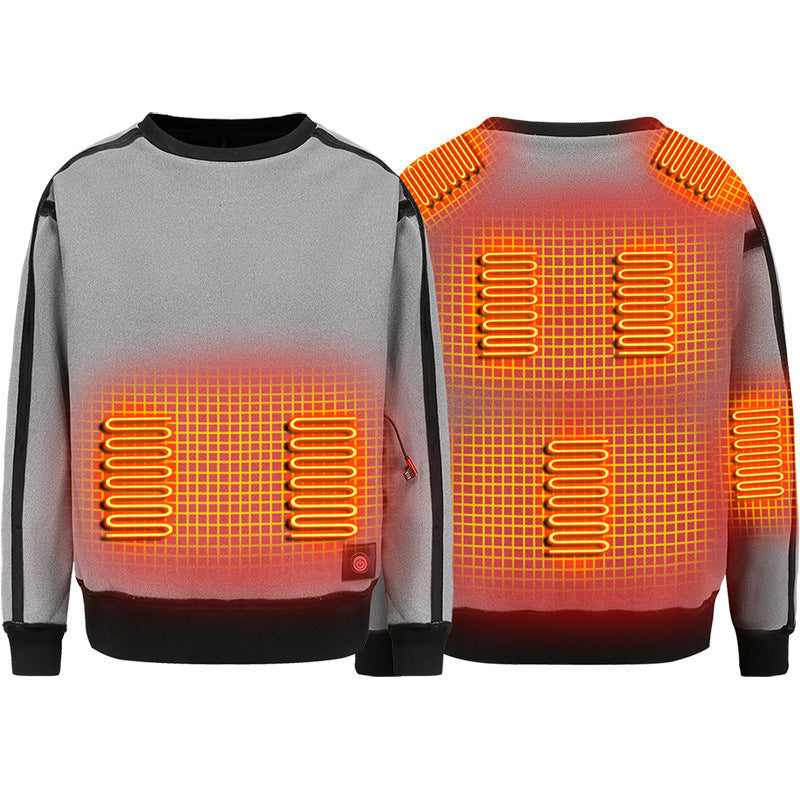 Heated sweater with visible heating elements on a white background