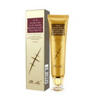 A gold box and tube of Fuleipei Scar and Acne Mark Removal Gel displayed beside a model's face.