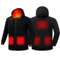 Black heated jacket shown from front and back with glowing red heating elements.