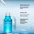 Blue bottle of hyaluronic acid essence with dropper on a light blue background