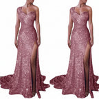 Pink sequin gown with a high slit on a white background
