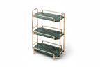 Dimensions of a three-tiered shelf with gold frames and green marble-like shelves.