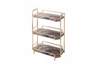 Dimensions of a three-tiered metal shelf with marble-like texture on a white background