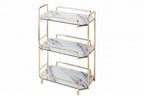 Marble-patterned shelf with gold frame and dimensions on a white background