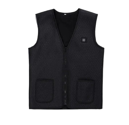 Black heated vest with two front pockets on a white background