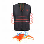 Black heated vest with heating elements and airflow graphics on a white background