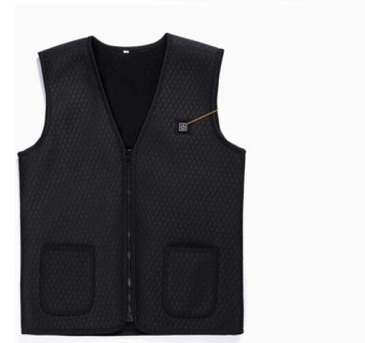 Black quilted vest with two front pockets on a white background