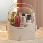 Cosmetic organizer with various bottles on a soft surface with lights