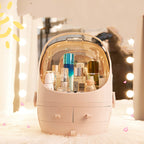 Cosmetic organizer with skincare products inside, set against a softly blurred background with lights and a mirror.