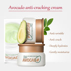 Avocado anti-cracking cream with an open container showing avocado inside, on a white background.