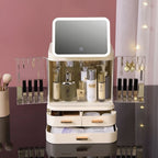 Cosmetic organizer with mirror and drawers labeled with makeup items on a pink background