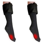 Black heated socks with red indicator lights on a white background