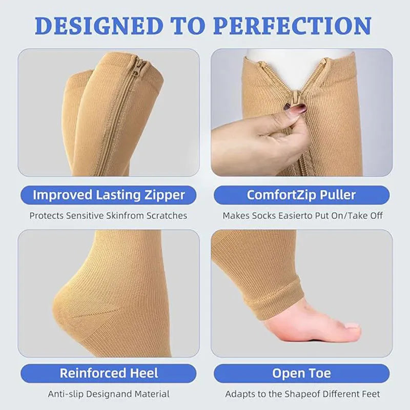 Zipper Compression Socks for Varicose Support Outdoor Running Fitness Hiking Anti-Fatigue Medical Care Diabetes Swelling Relief