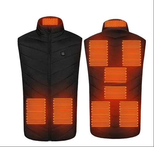 Black heated vest with orange heating elements on a white background, labeled '9 Areas Heat'.