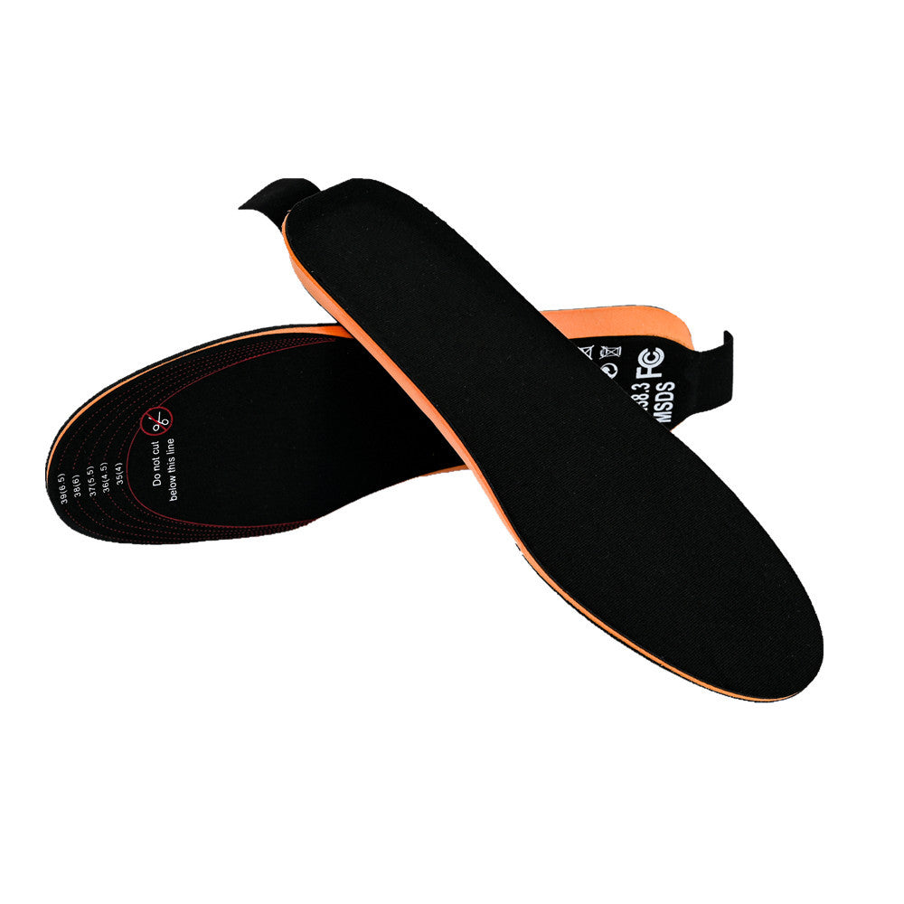 A Shopify product edit screen displaying the overview and operation instructions for the USB Heated Shoe Insoles with Remote Control.