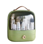 A green dustproof cosmetic storage case displaying various skincare bottles inside.
