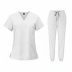 White medical uniform set with top and pants on a white background
