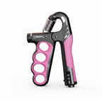 Pink and black mechanical counting gripper on a gray background