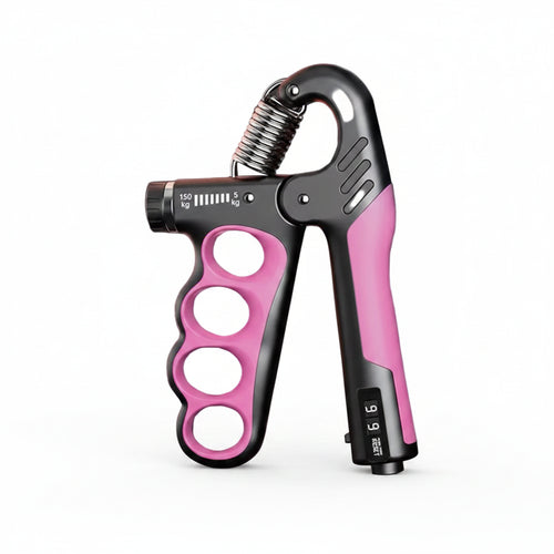 Pink and black mechanical counting gripper on a gray background