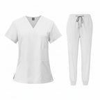 White medical uniform set with top and pants on a white background