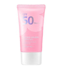 A pink tube and matching retail box of LAIKOU Japan Sakura Sunscreen featuring SPF 50 protection against a soft pink floral backdrop.