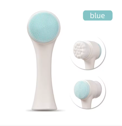 A white electric facial cleansing brush with a light blue silicone bristle head, shown alongside two circular detail insets and a blue label reading 'blue'.