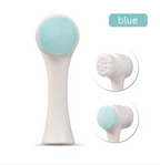 A white electric facial cleansing brush with a light blue silicone bristle head, shown alongside two circular detail insets and a blue label reading 'blue'.
