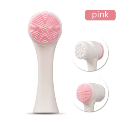 A pink silicone facial cleansing brush shown on a white background, with two circular inset views highlighting the bristle head and backing. A pink label in the top right reads 'pink'.
