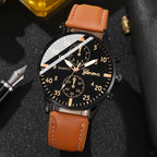 Men's Casual Quartz Wristwatch Brown Leather Strap Yellow