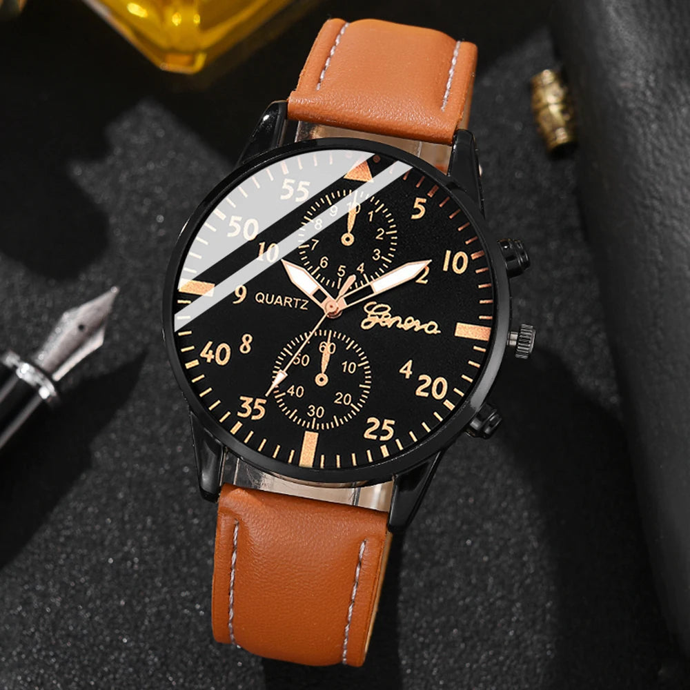 Men's Casual Quartz Wristwatch Brown Leather Strap Yellow