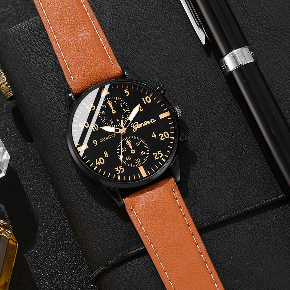 Men's Casual Quartz Wristwatch Brown Leather Strap Yellow