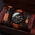 Men's Casual Quartz Wristwatch Brown Leather Strap Yellow