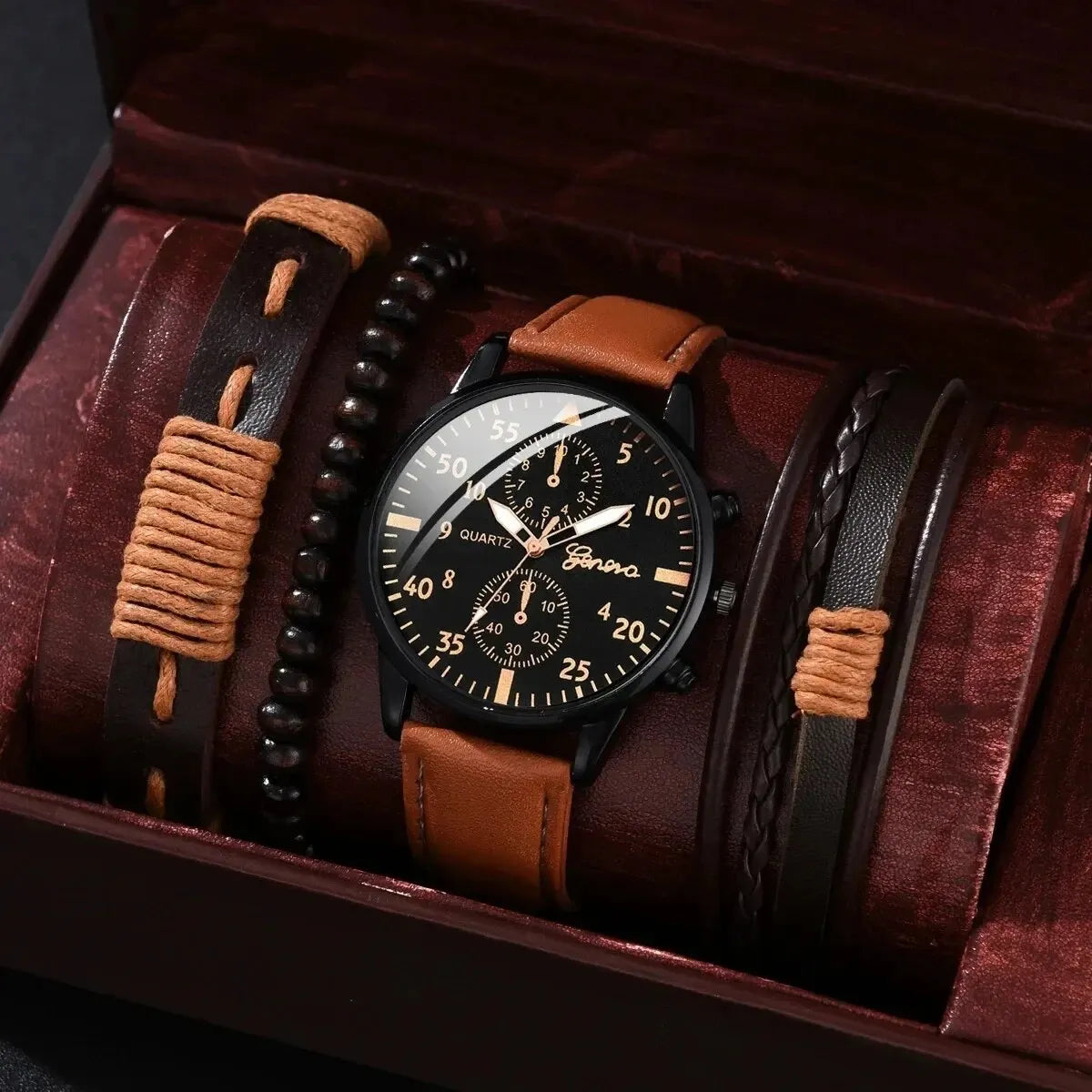 Men's Casual Quartz Wristwatch Brown Leather Strap Yellow