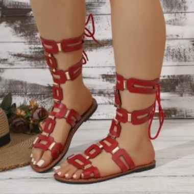 Women's Lace-Up Roman Flat Sandals Open-Toe Casual Summer Shoes