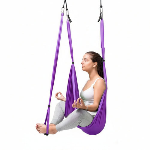 Purple yoga swing with a woman using it and additional images of people using the swing.