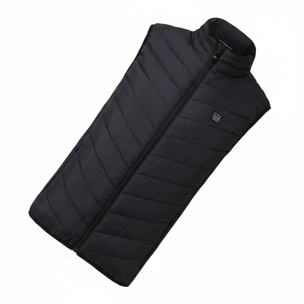 Black puffer vest on a white background