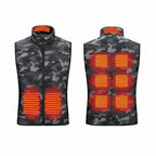 Camouflage heated vest with visible heating elements on a white background