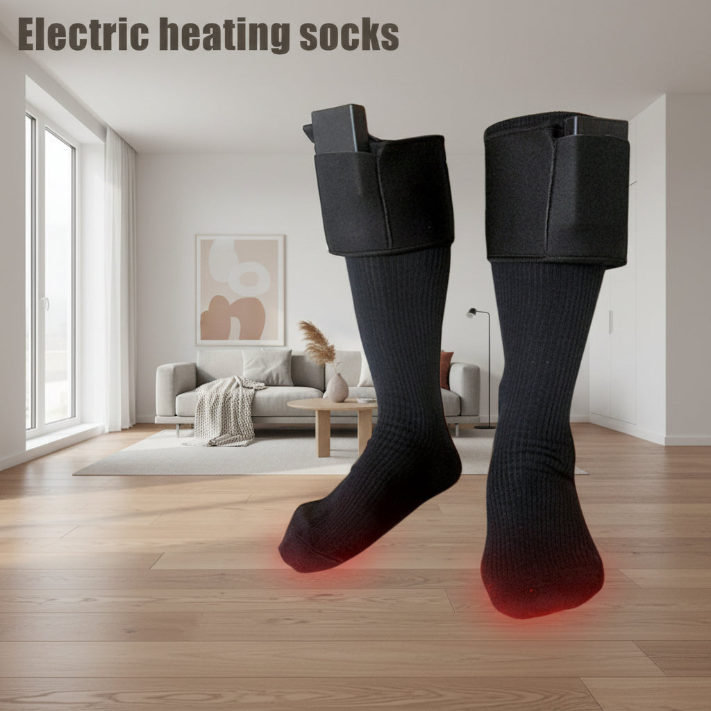 Electric heating socks with flames and people using them in cold conditions on a white background.