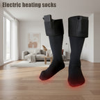 Electric heating socks with flames and people using them in cold conditions on a white background.
