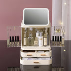 Cosmetic organizer with mirror and compartments labeled with cosmetic items, shown with measurements.