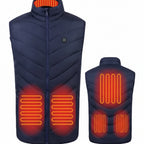 Navy heated vest with visible heating elements on a white background
